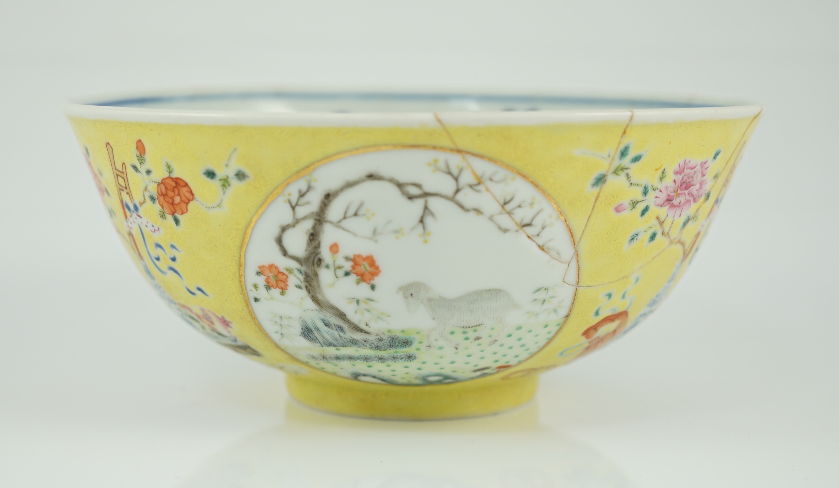 A Chinese yellow ground medallion bowl, Guangxu six character mark and of the period (1875-1908)